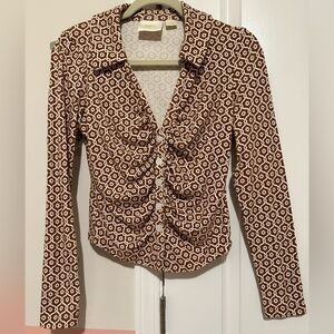 Anthropologie Maeve Ruched Button Top Womens medium Brown Terra Cotta Geometric